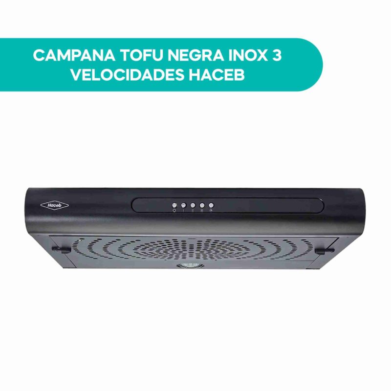 Campana extractora Haceb Tofu negra de 60 cm vista frontal con panel de 3 velocidades, botón de luz y filtro metálico