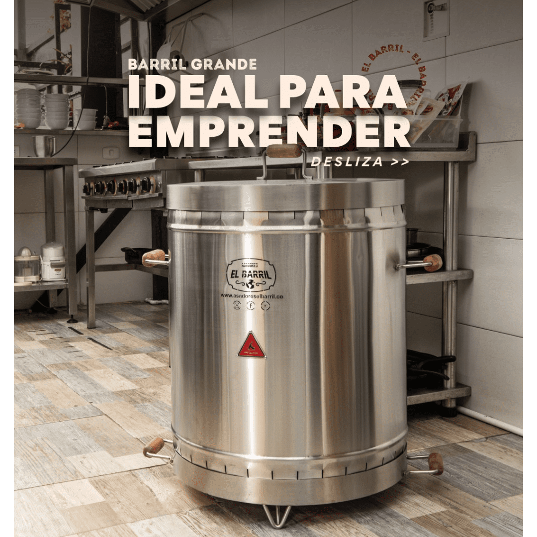 Barril asador acero inoxidable 304 grande en cocina profesional, ideal para emprender un negocio de asados