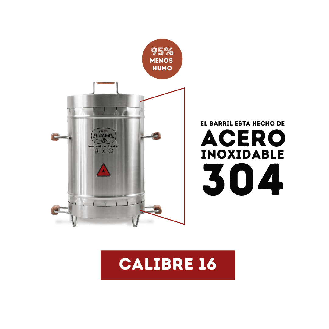 Barril asador pequeño El Barril en acero inoxidable 304 calibre 16, infografía con sus especificaciones de material