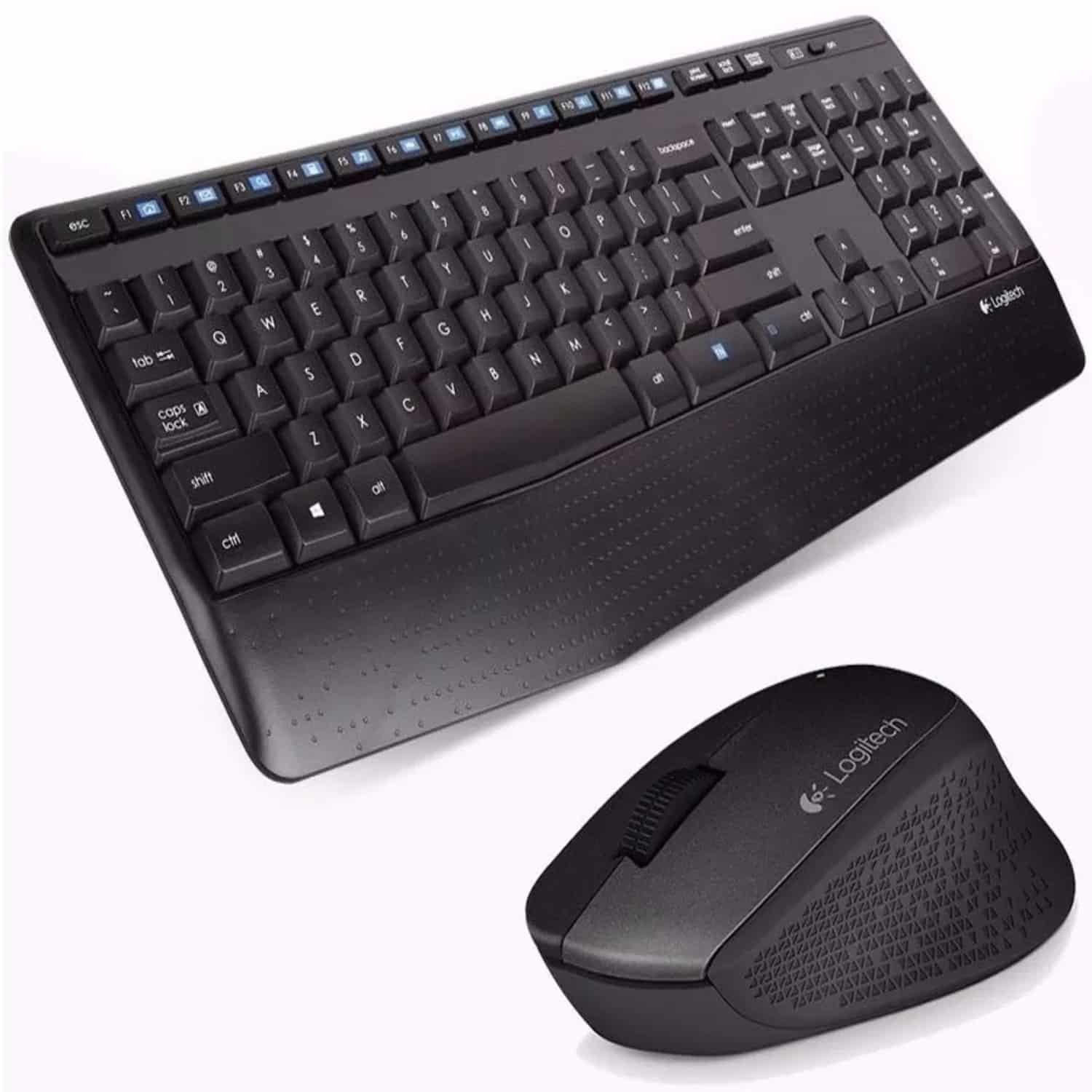 Teclado y mouse Logitech MK345 negro de frente: teclado completo con teclas multimedia y mouse inalámbrico en primer plano