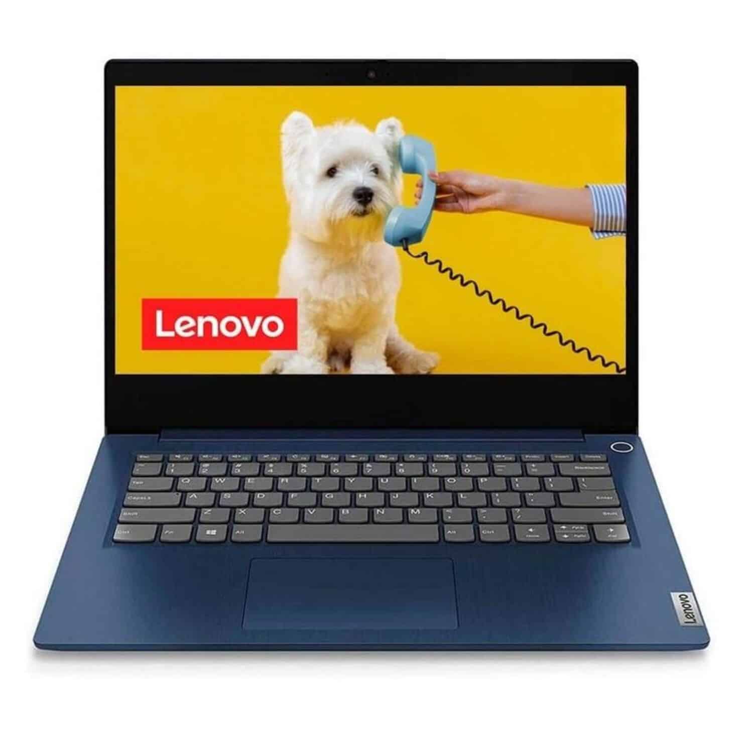 Portátil Lenovo IdeaPad Slim 3 azul de frente, abierto, con teclado gris, touchpad amplio y cámara web superior