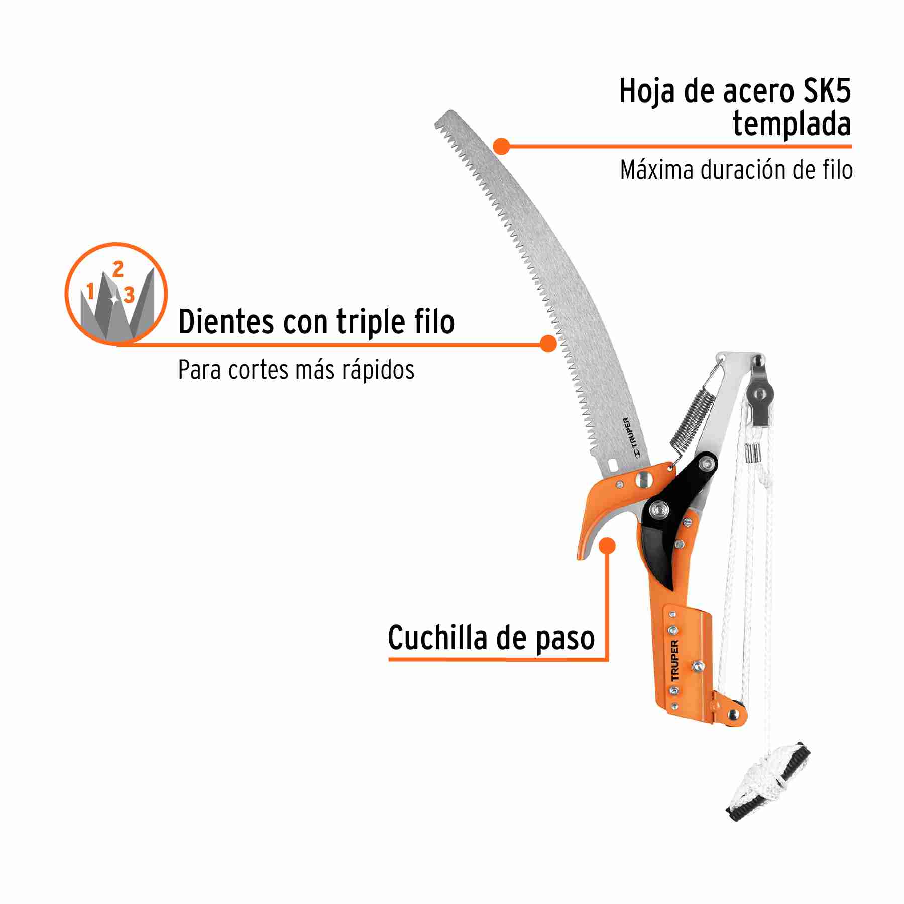 Tijeras para podar árboles Truper con hoja de acero SK5 templada, dientes de triple filo y cuchilla de paso
