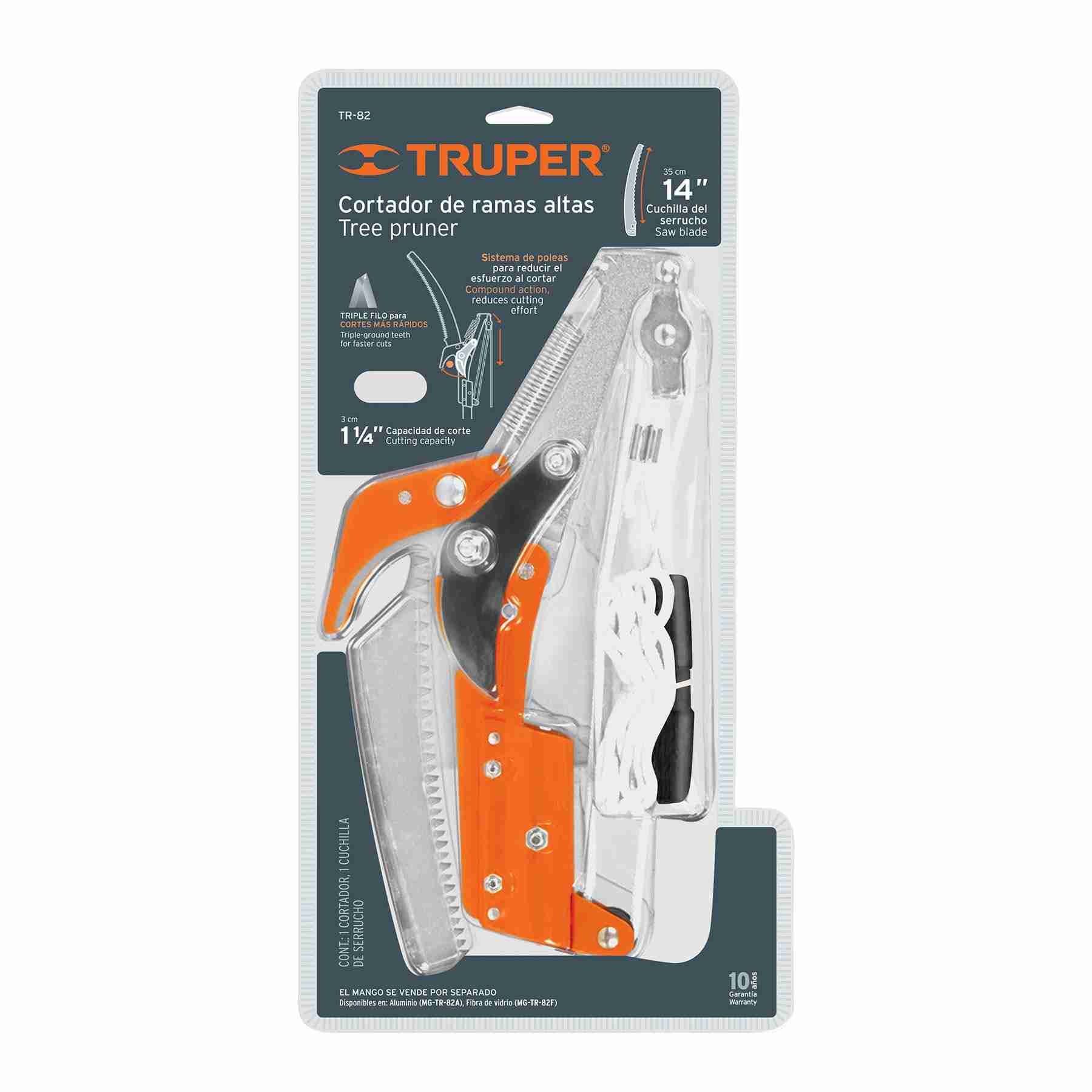 Empaque de tijeras para podar árboles Truper TR-82 cortador de ramas altas con serrucho; mango no incluido