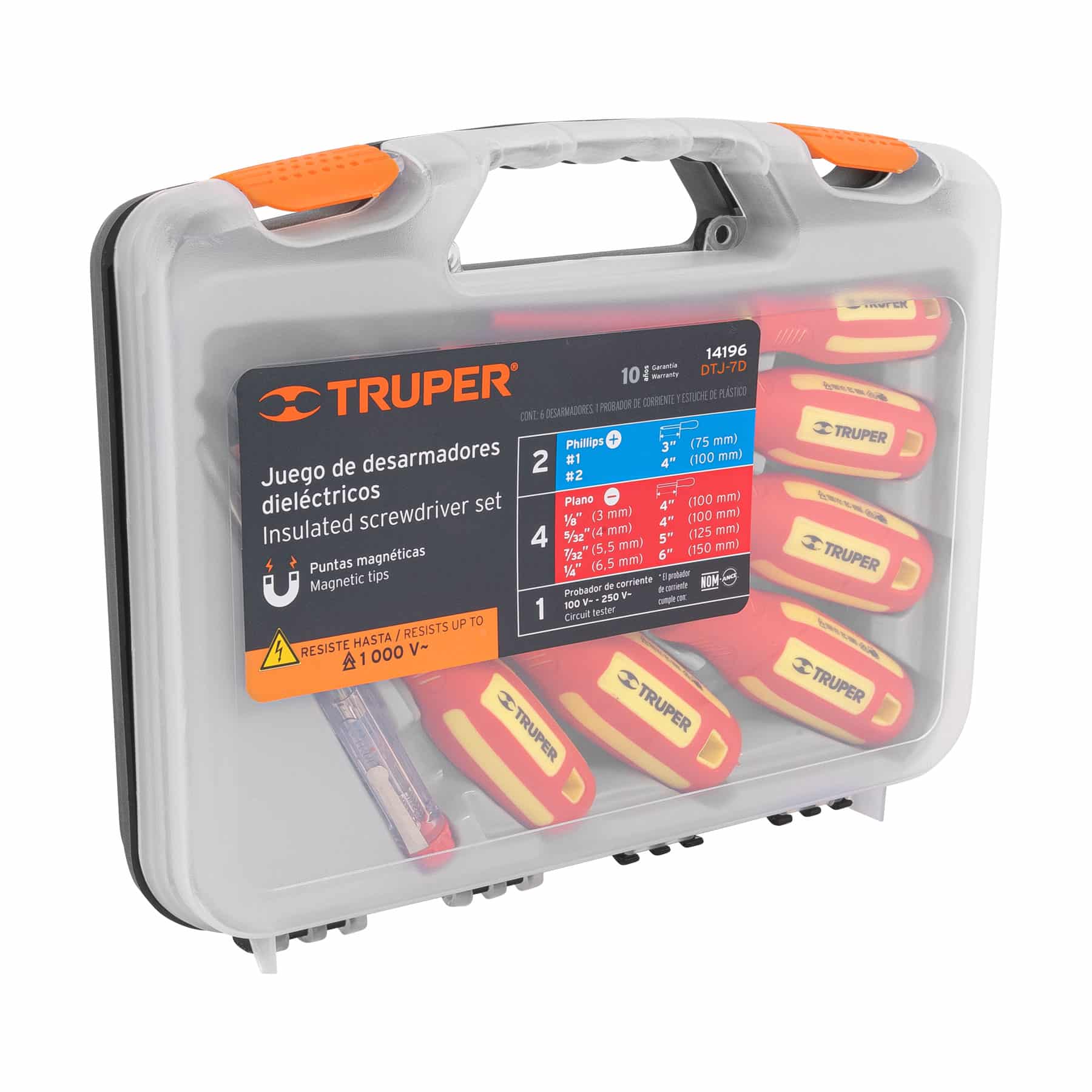 Estuche plástico del juego de destornilladores dieléctricos Truper DTJ-7D con etiqueta de medidas y 1000 V