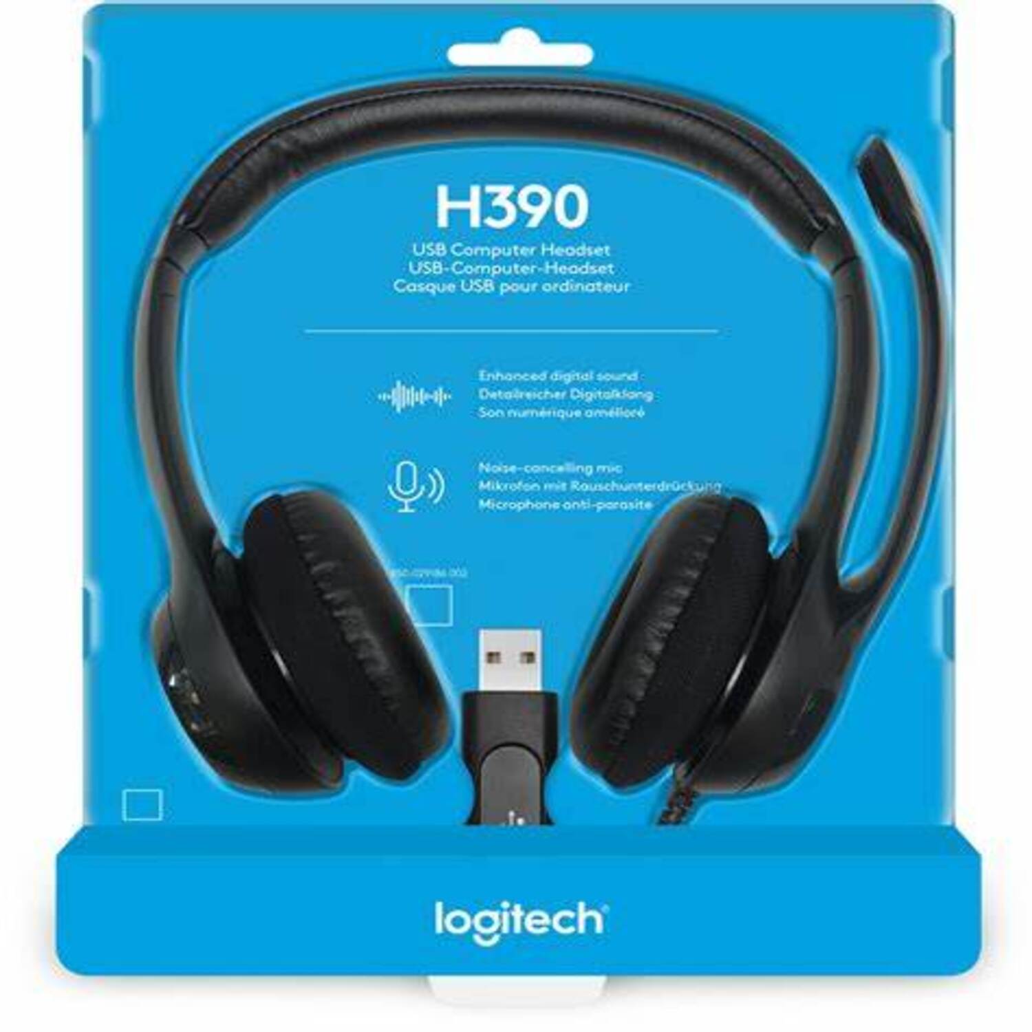 Empaque de los audífonos de diadema Logitech H390 USB con micrófono con reducción de ruido y sonido digital