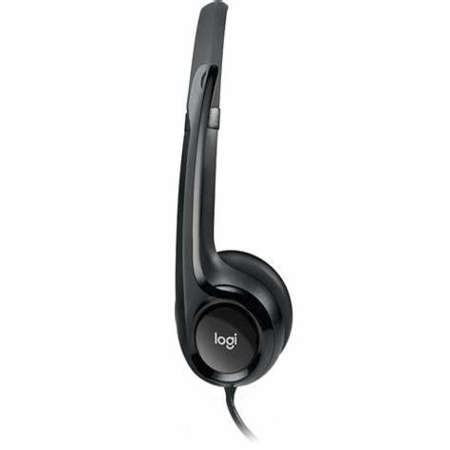 Vista lateral de los audífonos de diadema Logitech H390 USB negros con almohadilla y diadema ajustable