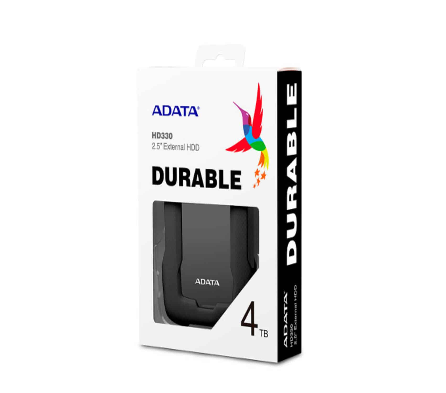 Caja del disco duro externo ADATA HD330 de 4TB, modelo durable de 2.5 pulgadas, con la unidad negra visible
