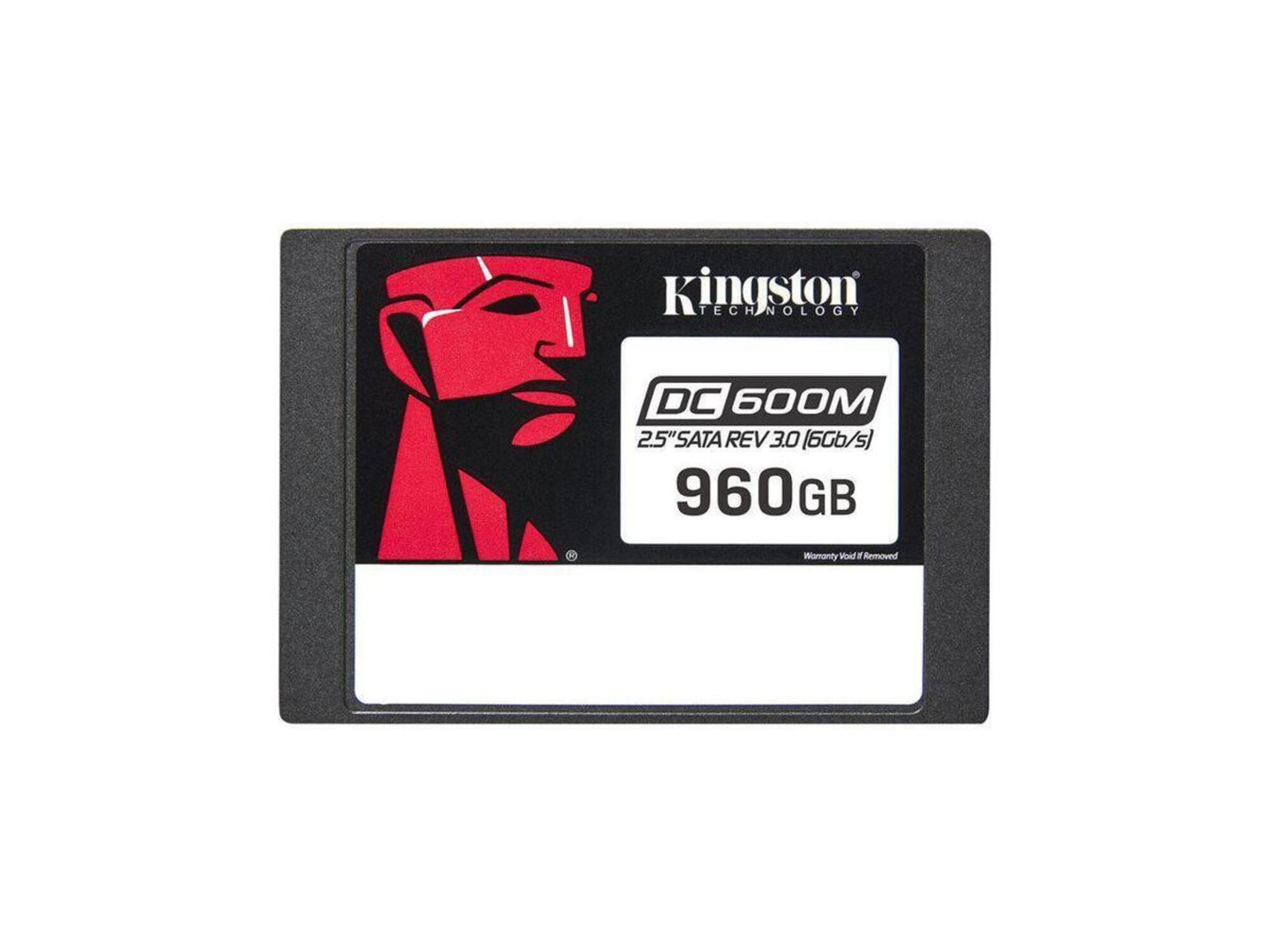Disco SSD para servidor Kingston DC600M de 960GB, formato 2.5 pulgadas SATA Rev 3.0 6Gb/s, etiqueta negra con logo rojo