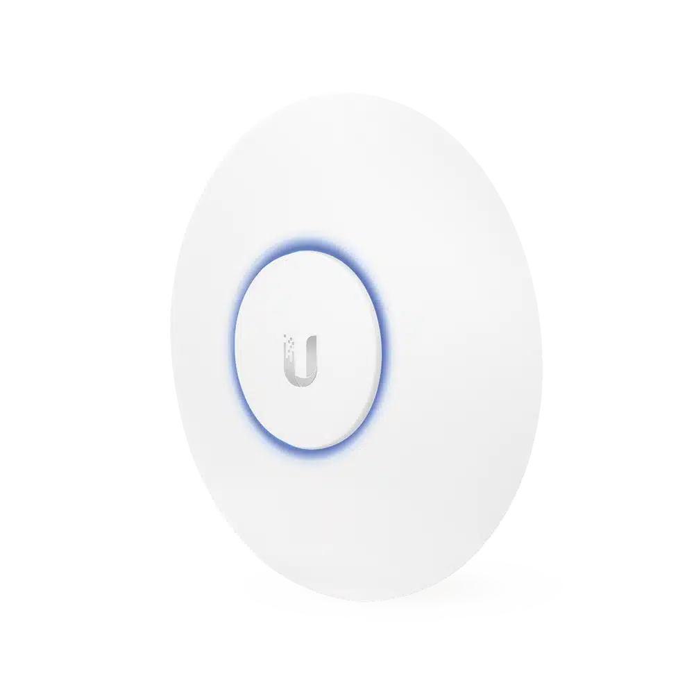 AP Ubiquiti UniFi AC Lite blanco vista frontal con anillo LED azul y logo U, punto de acceso Wi-Fi 5 de techo