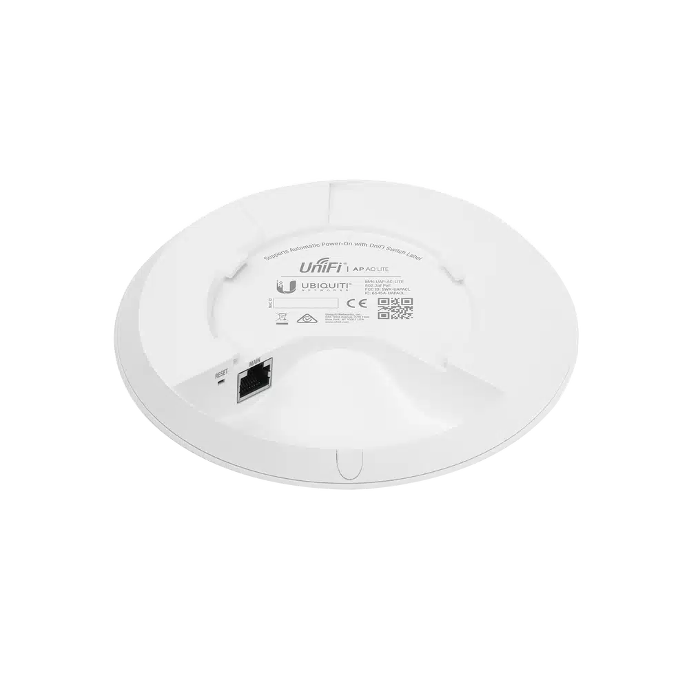 AP Ubiquiti UniFi AC Lite vista posterior con puerto Ethernet Main, botón reset y etiqueta PoE 802.3af
