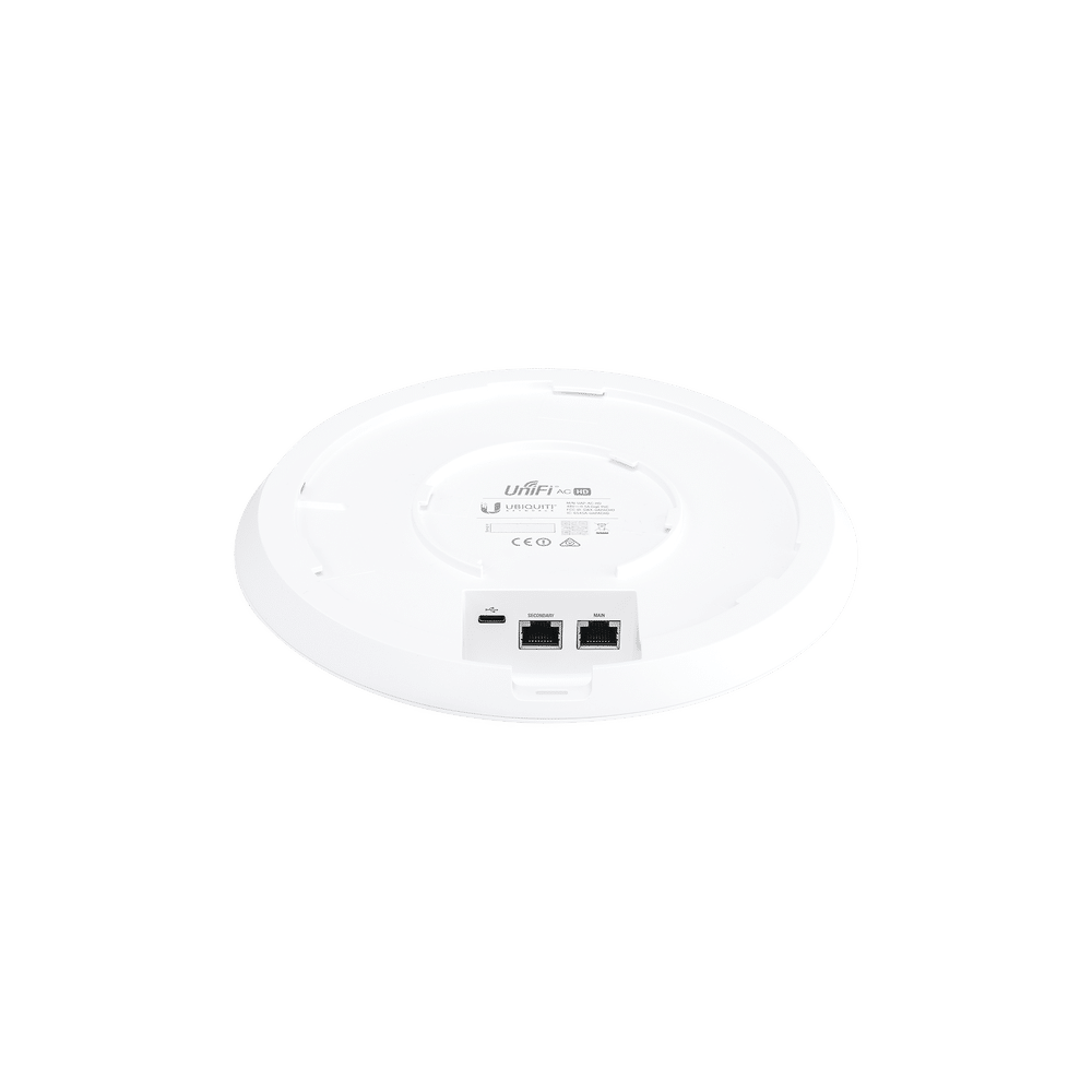 Access point Ubiquiti AC HD visto por debajo con puertos Ethernet Main y Secondary, puerto USB y etiqueta UniFi
