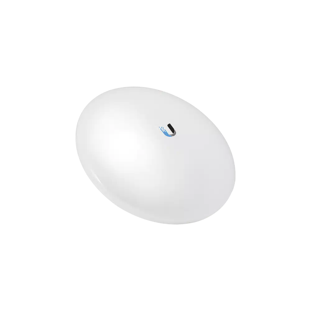 Access point Ubiquiti NanoBeam 5AC Gen2 en vista inclinada, carcasa blanca compacta para instalar en exteriores