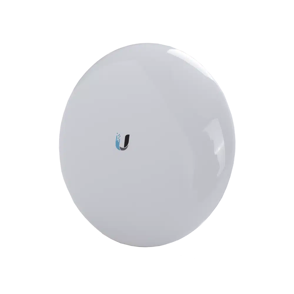 Access point Ubiquiti NanoBeam 5AC Gen2 en vista lateral, plato blanco de diseño compacto con logo Ubiquiti