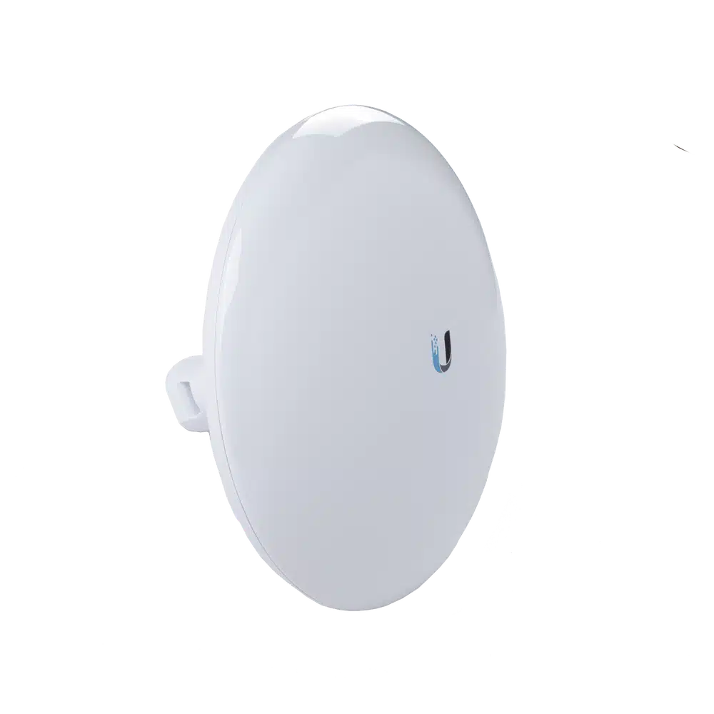 Access point Ubiquiti NanoBeam 5AC Gen2 de perfil, con el soporte posterior de montaje visible a un costado