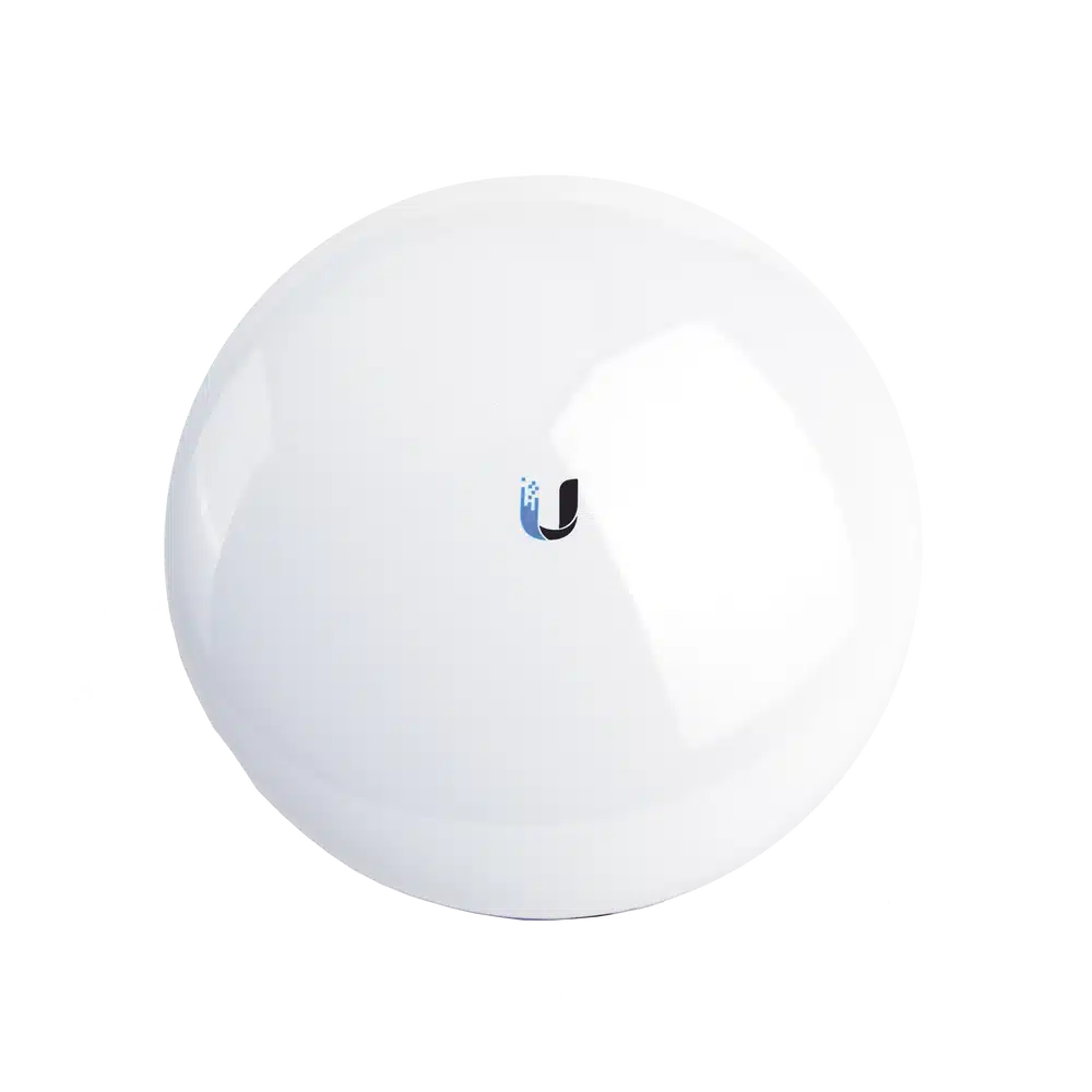 Access point Ubiquiti NanoBeam 5AC Gen2 vista frontal, antena blanca con logo Ubiquiti para enlaces exteriores