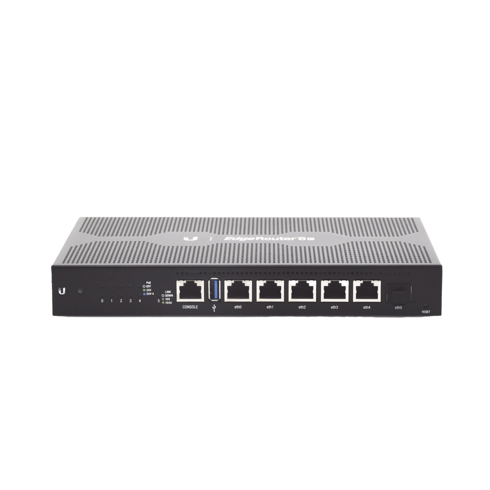 Router Ubiquiti EdgeRouter 6P de frente con puerto de consola, USB, puertos eth0 a eth4, SFP eth5 y botón de reinicio