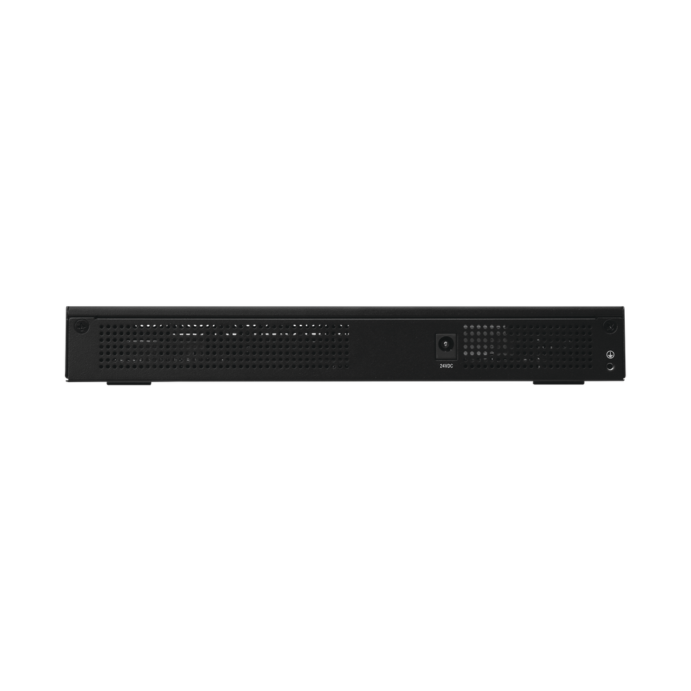 Router Ubiquiti EdgeRouter 6P visto por detrás con entrada de alimentación 24VDC, toma de tierra y rejillas de ventilación