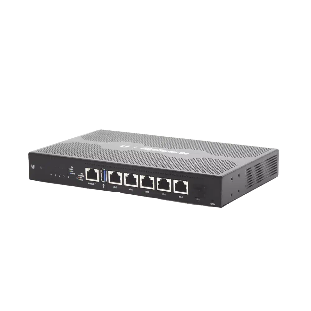 Router Ubiquiti EdgeRouter 6P en ángulo izquierdo con indicadores LED PoE, cinco puertos RJ45 y puerto SFP eth5