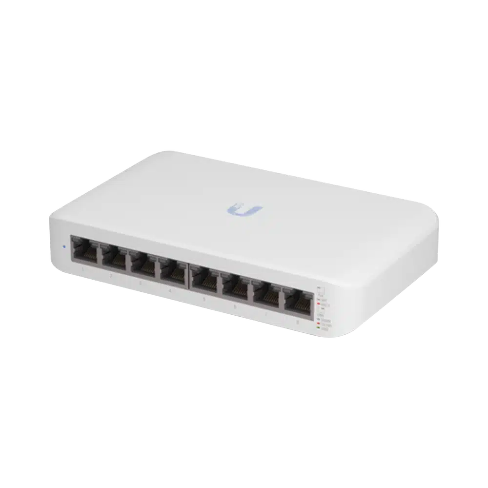 Switch UniFi Lite 8 PoE Ubiquiti con logo UniFi en la tapa, LED de estado azul y 8 puertos Gigabit para red de oficina