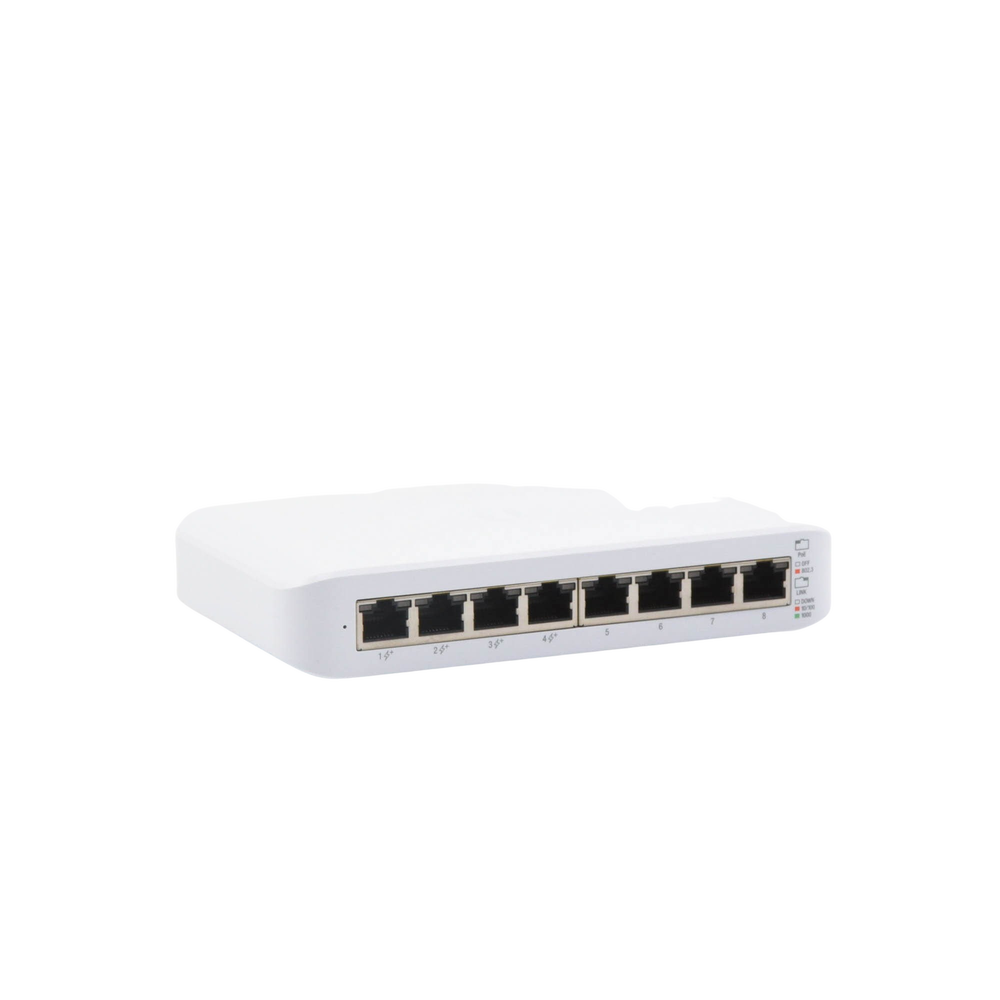Switch UniFi Lite 8 PoE Ubiquiti visto en ángulo desde la derecha, con 8 puertos RJ45 y panel de indicadores LED
