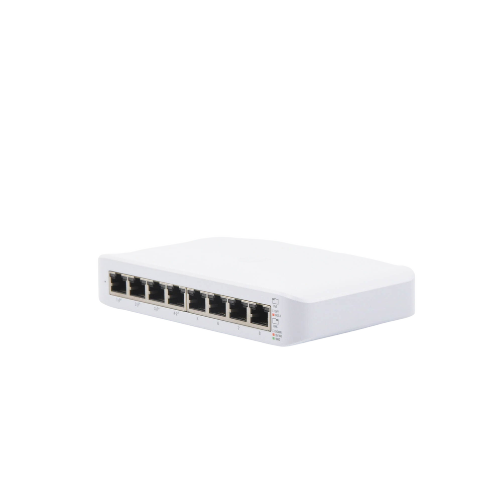 Switch UniFi Lite 8 PoE Ubiquiti en vista lateral con 8 puertos RJ45 Gigabit, indicadores LED y puertos PoE del 1 al 4