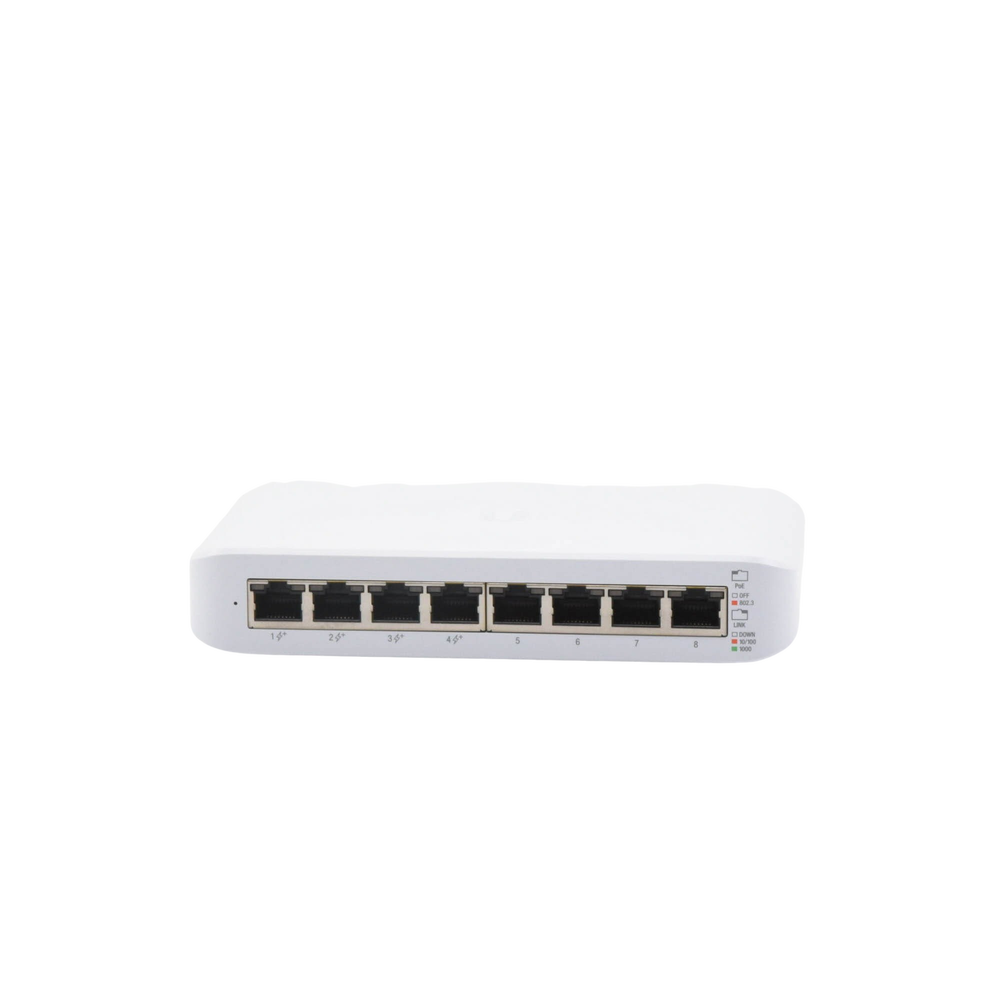 Vista frontal del switch UniFi Lite 8 PoE Ubiquiti con sus 8 puertos Ethernet RJ45 y leyenda de LED PoE y enlace