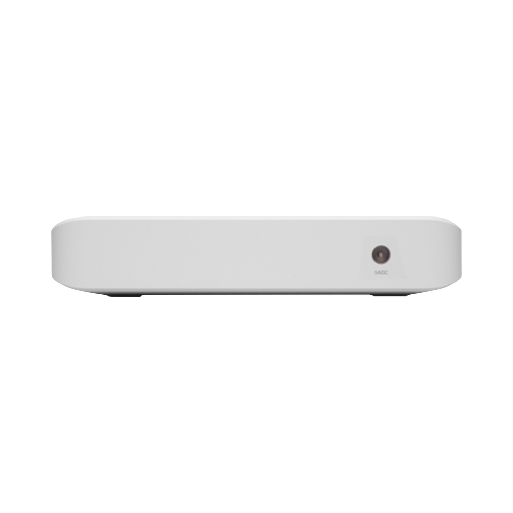 Vista posterior del switch UniFi Lite 8 PoE Ubiquiti con entrada de alimentación 54VDC y carcasa compacta gris claro