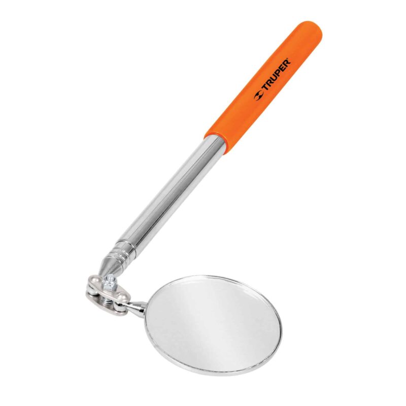 Espejo de inspección Truper 14544 con mango naranja antiderrapante, varilla telescópica y cabeza giratoria 360° extendida