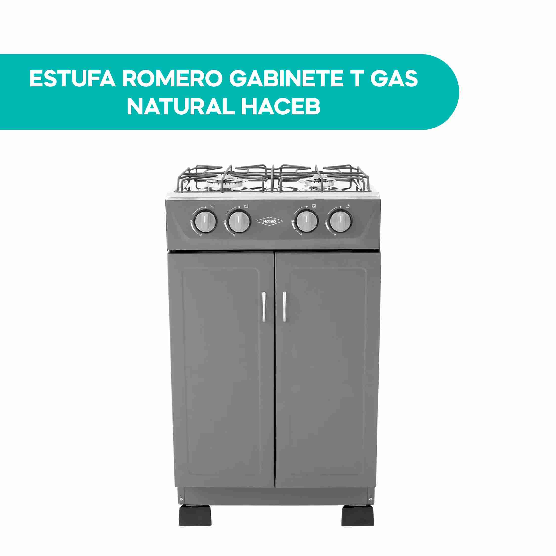Estufa Haceb 4 puestos Romero con gabinete de dos puertas, parrillas metálicas y perillas frontales, para gas natural