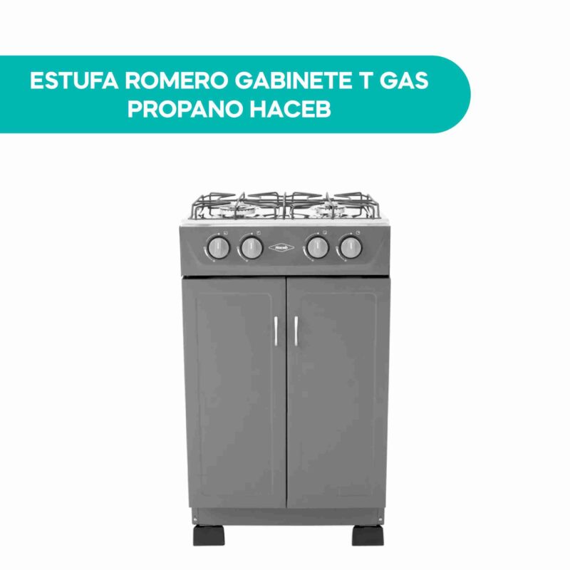 Estufa Haceb Romero de 4 puestos a gas propano con gabinete de dos puertas, parrillas metálicas y perillas frontales