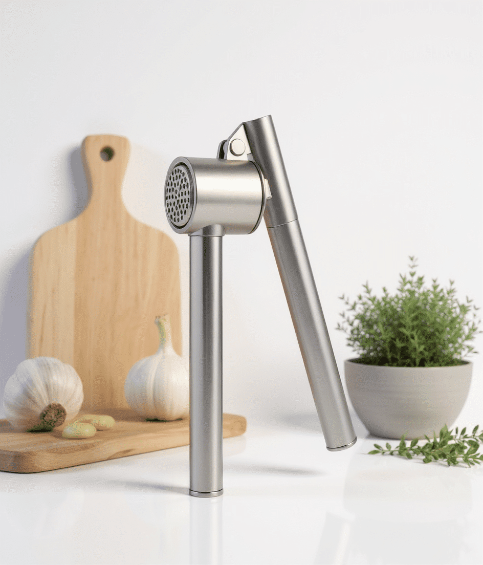 Exprimidor de ajo Novum 15211 en acero zincado junto a tabla de madera, cabezas de ajo y planta de hierbas en cocina blanca
