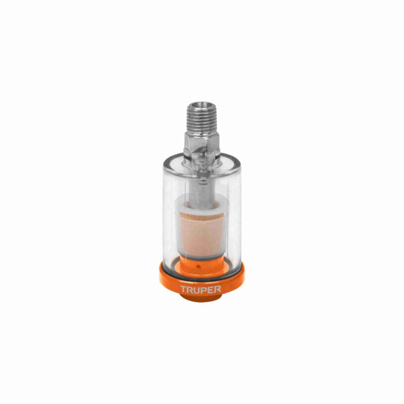 Filtro Separador de Agua y Aceite Truper 1/4" NPT con vaso transparente y guarda metálica.