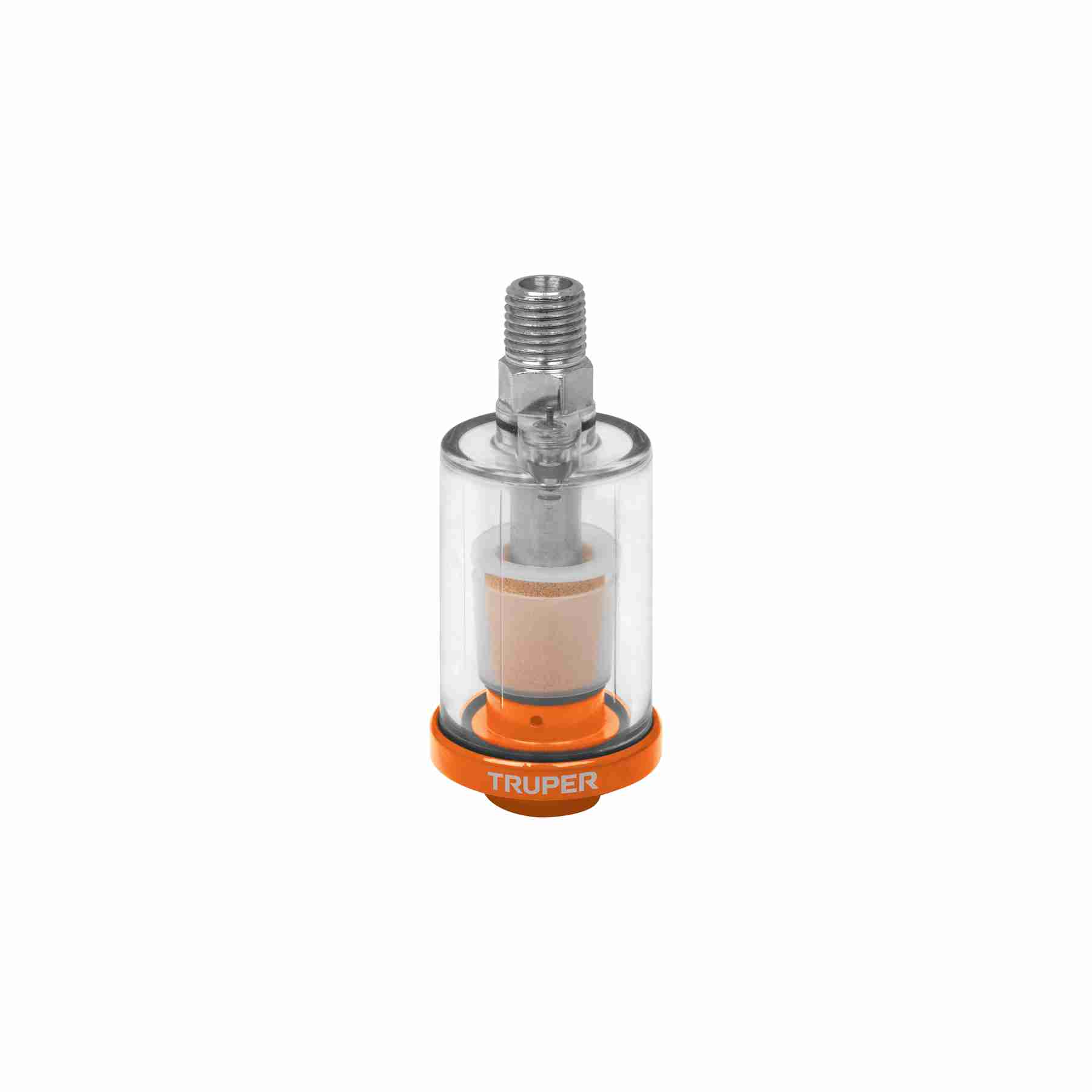 Filtro Separador de Agua y Aceite Truper 1/4" NPT con vaso transparente y guarda metálica.