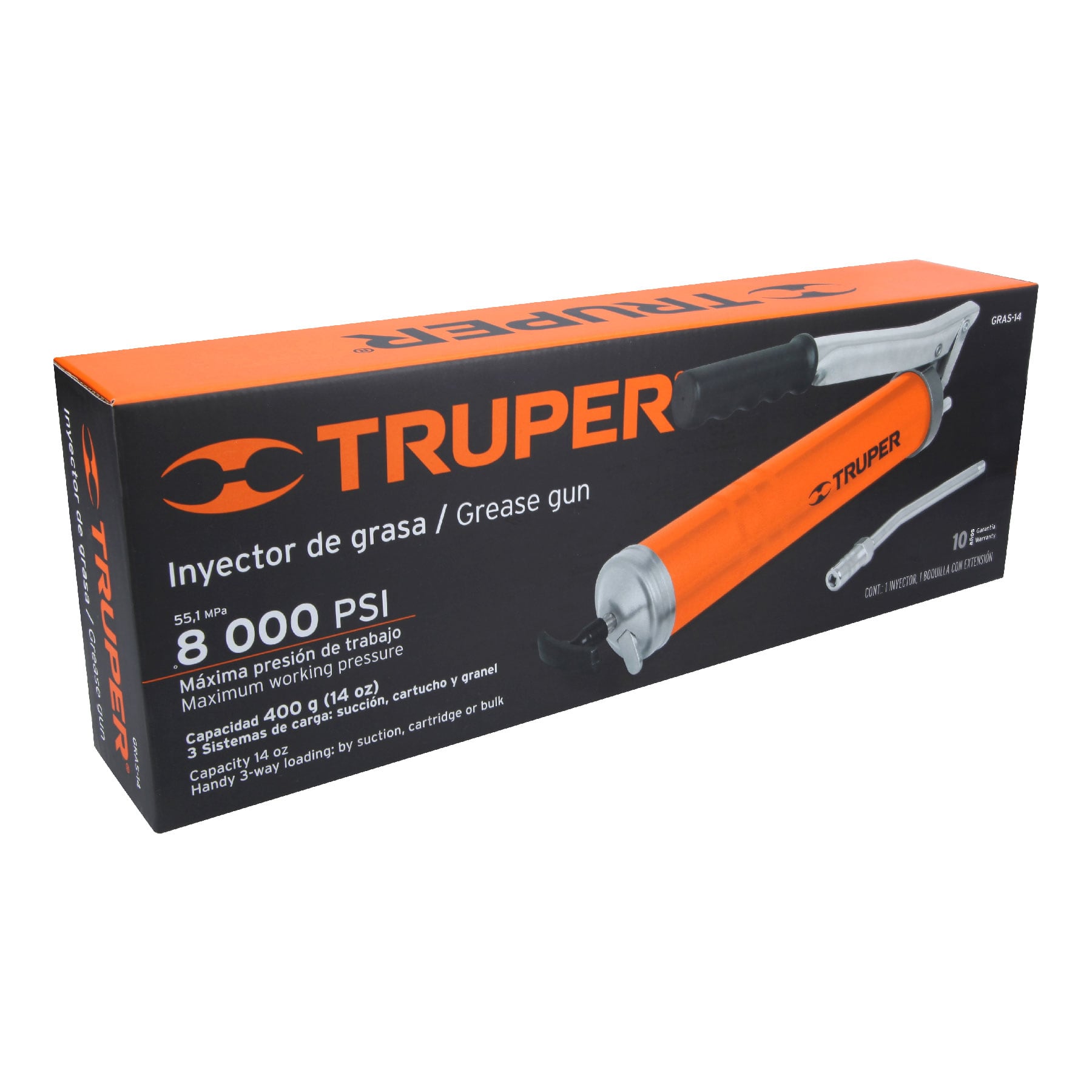 Caja del inyector de grasa Truper GRAS-14 de 8000 PSI y 400 g de capacidad, con inyector naranja y boquilla de extensión