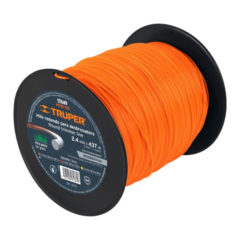 Nylon para guadaña Truper HTR5-105 en carrete negro con hilo redondo naranja para pasto, uso residencial, código 17649
