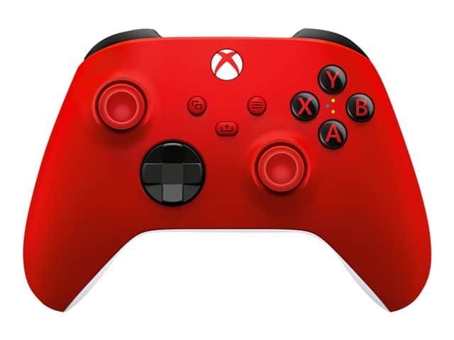 Control Xbox inalámbrico Microsoft rojo vista frontal con botones A B X Y, cruceta negra y joysticks rojos