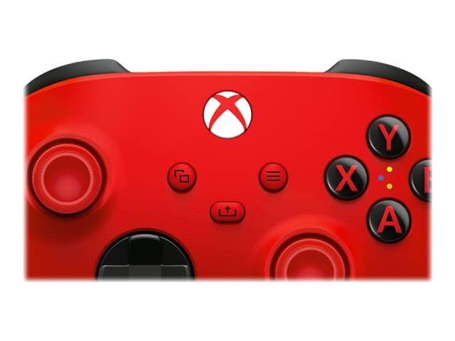 Control Xbox inalámbrico Microsoft rojo, detalle del botón Xbox, botones de vista, menú y compartir al centro