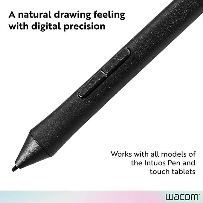 Lápiz para tablet Wacom LP190K en primer plano: punta fina y botón basculante, compatible con Intuos Pen and Touch
