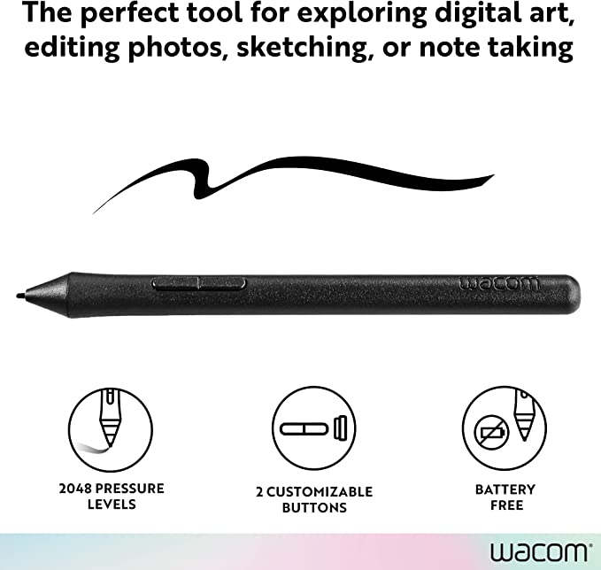 Lápiz para tablet Wacom LP190K con trazo de ejemplo e íconos de 2048 niveles de presión, 2 botones y sin batería