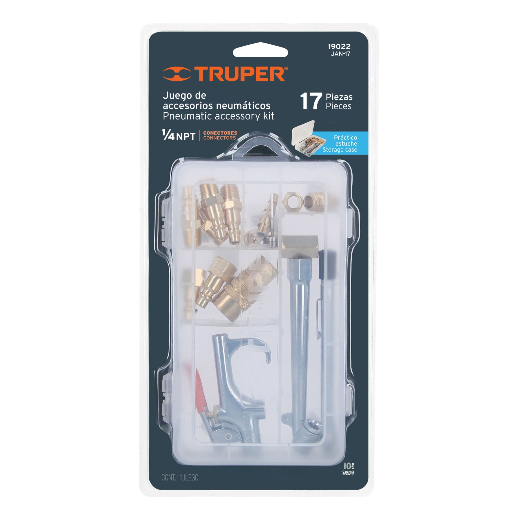 Accesorios para compresor Truper 19022 en empaque con estuche plástico organizador, 17 piezas y conexión 1/4 NPT