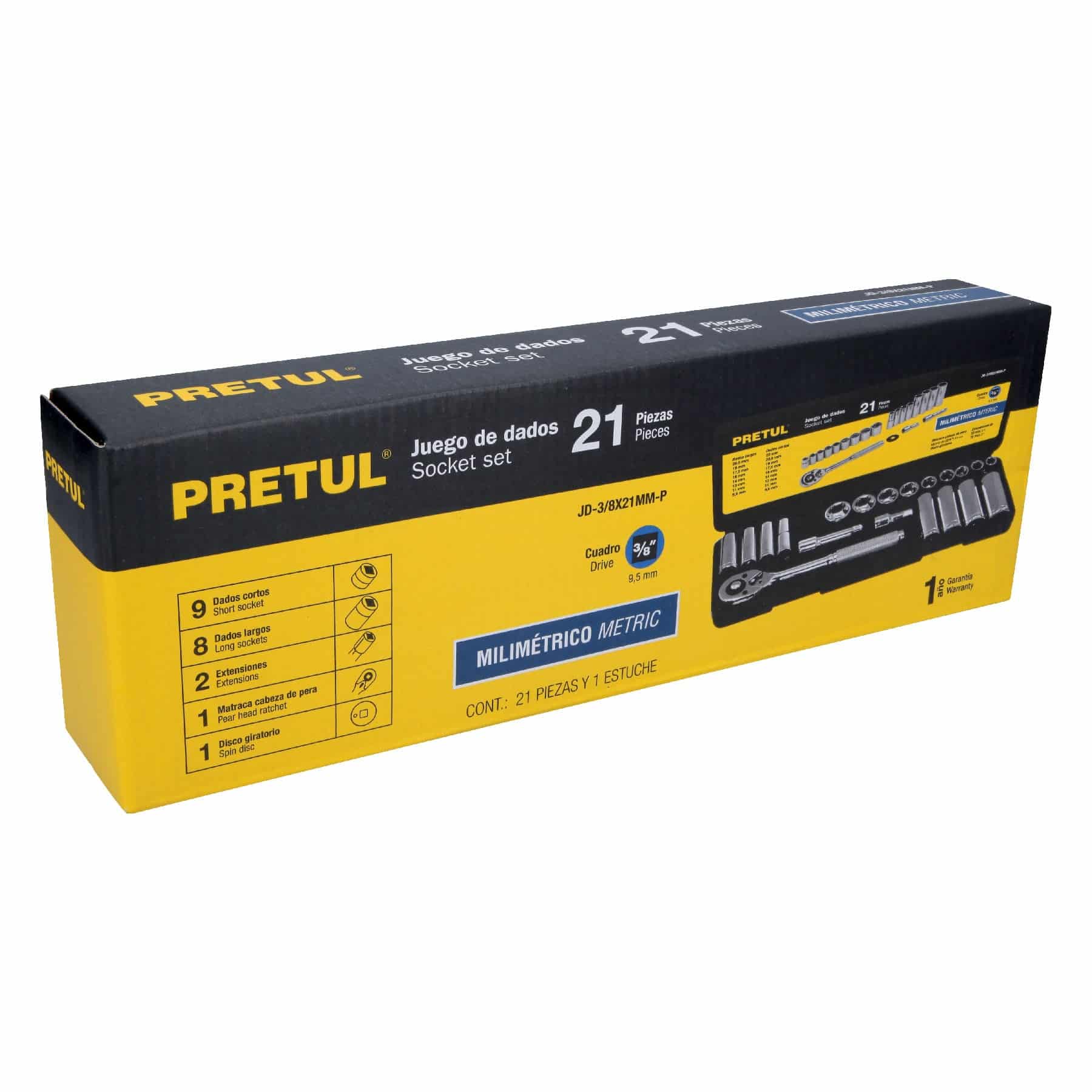 Juego de copas 3/8 Pretul en su caja amarilla y negra con referencia JD-3/8X21MM-P y lista de las 21 piezas