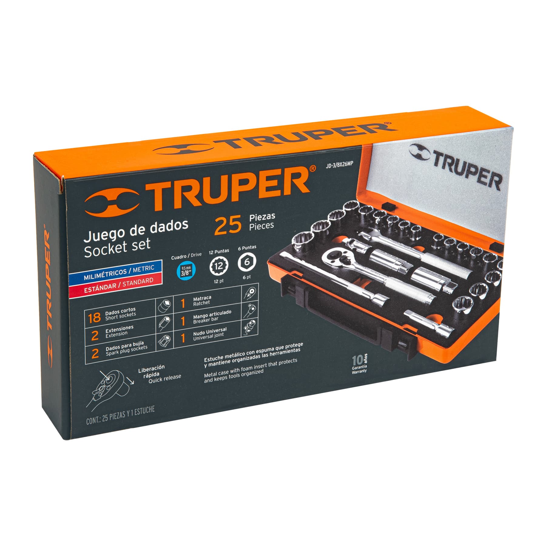 Caja del juego de dados 3/8 Truper JD-3/8X26MP de 25 piezas con copas milimétricas y estándar de 12 puntas