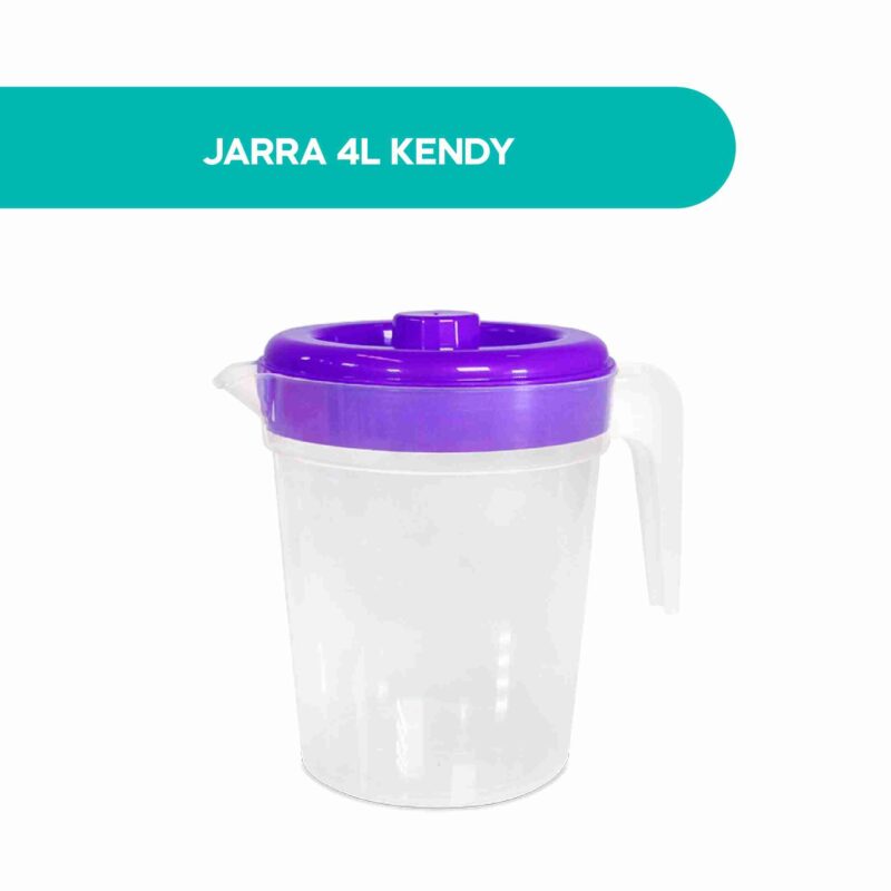 Jarra de agua 4 litros Kendy de cuerpo transparente con tapa morada y asa lateral, vista de frente sobre fondo blanco