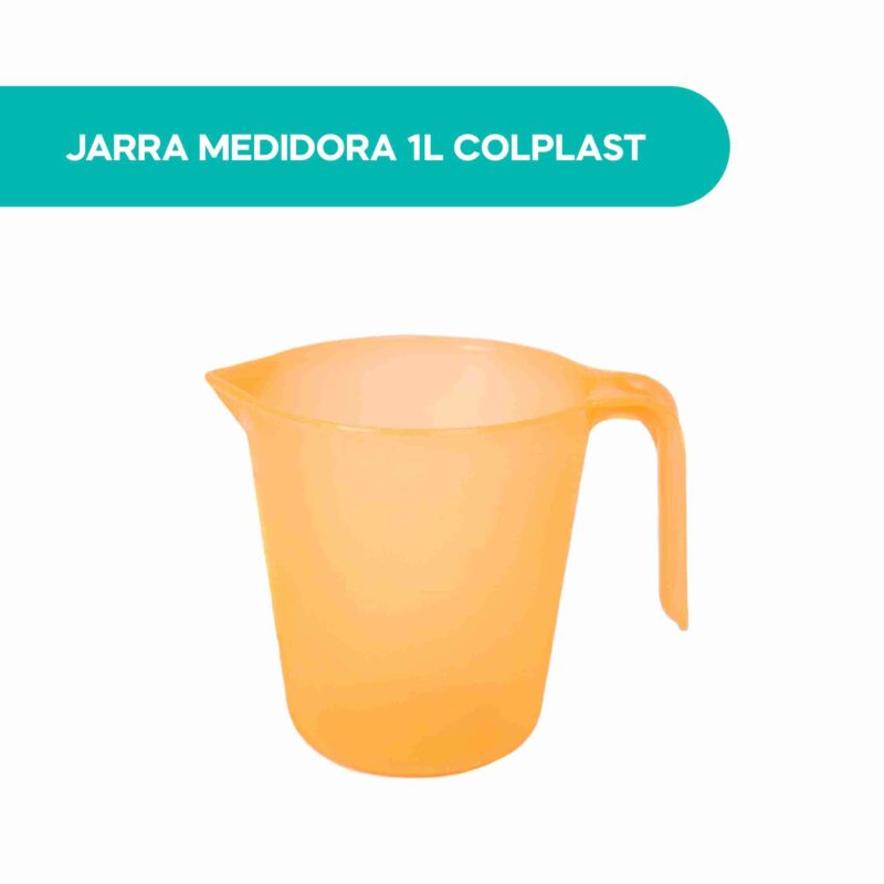 Jarra medidora Colplast de 1 litro en plástico naranja translúcido con asa y pico vertedor, vista lateral sobre fondo blanco