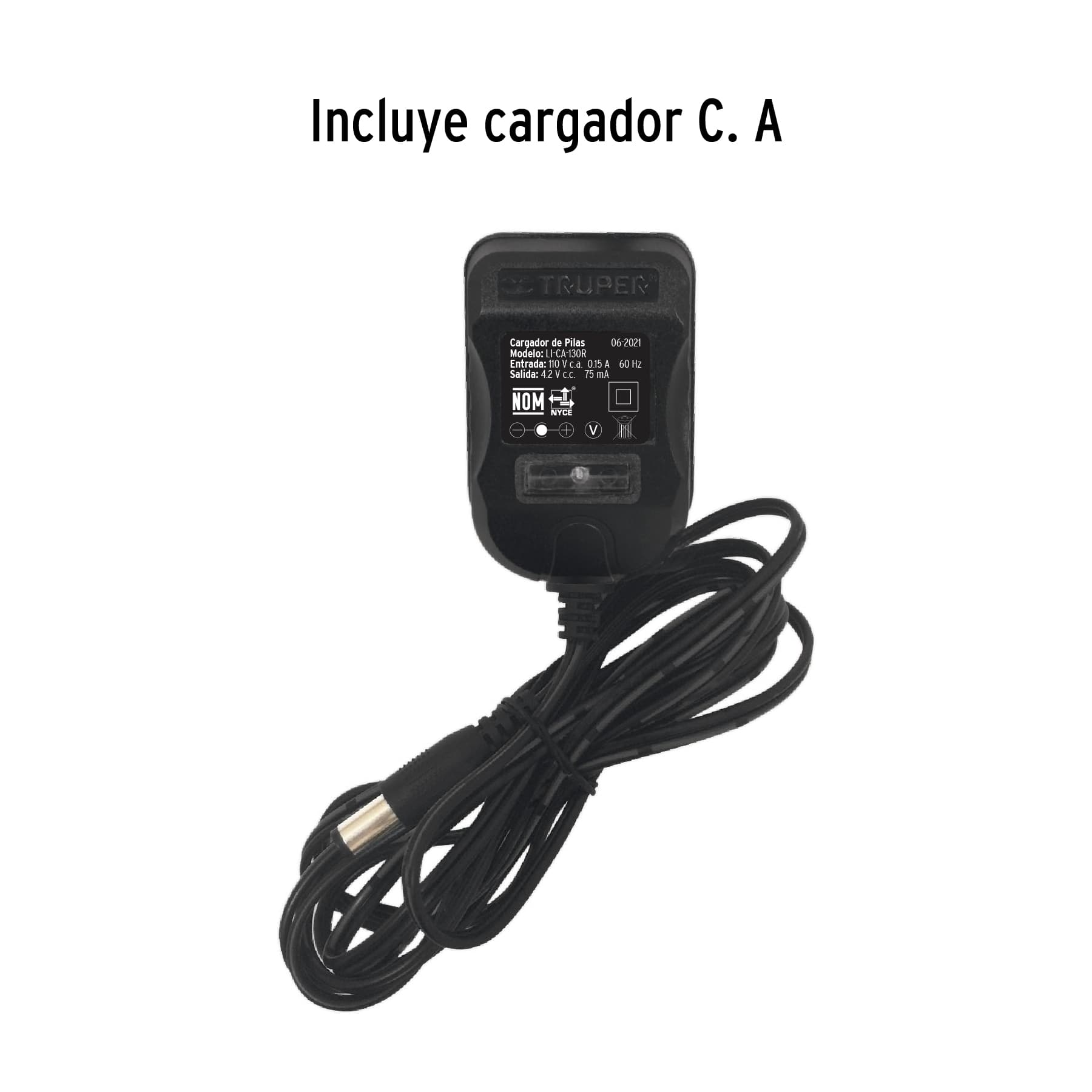 Cargador de corriente alterna incluido con la linterna de cabeza Truper modelo LI-CA-130R, entrada 110 V y salida 4.2 V