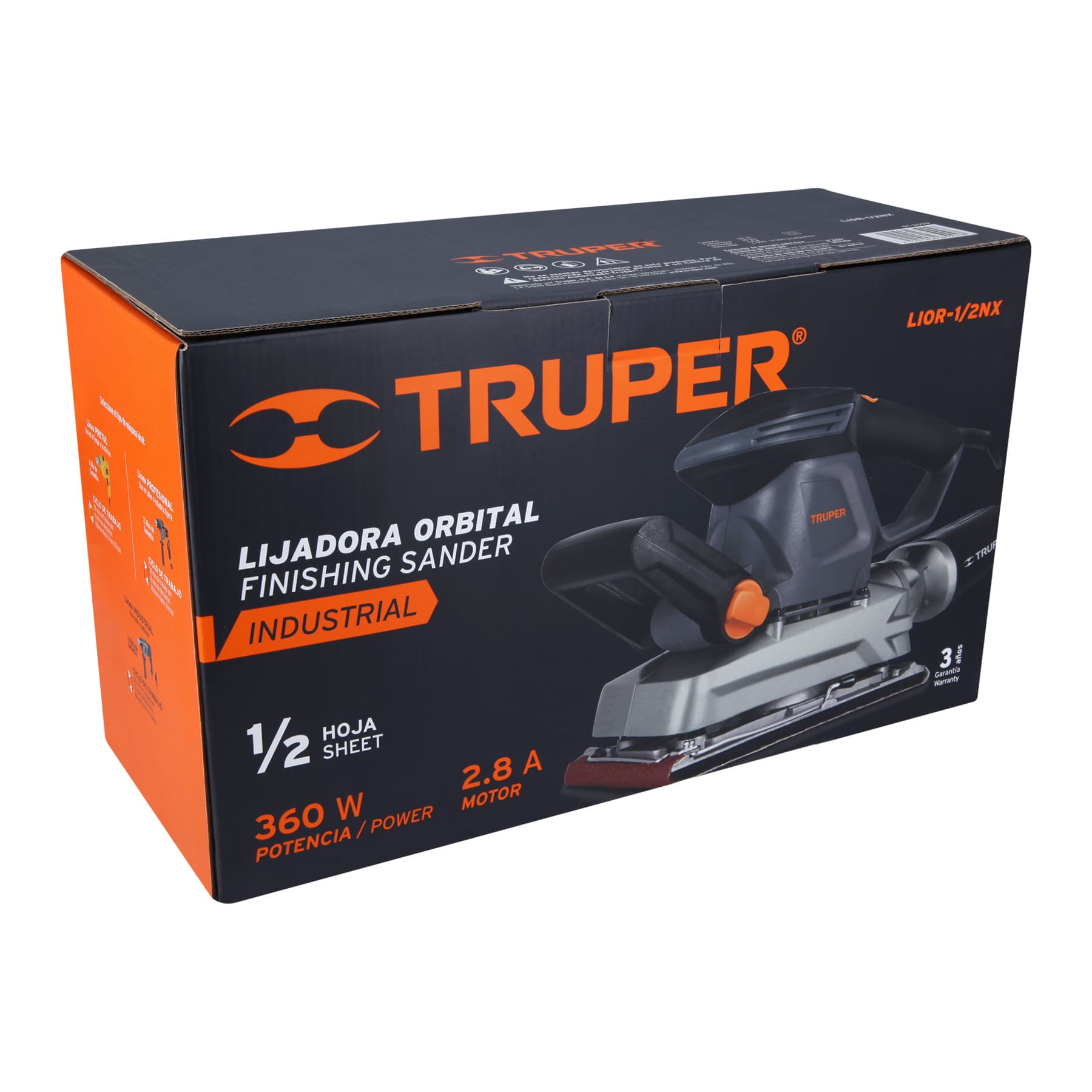 Caja original de la lijadora orbital Truper LIOR-1/2NX, línea industrial de 1/2 hoja con motor de 2.8 A