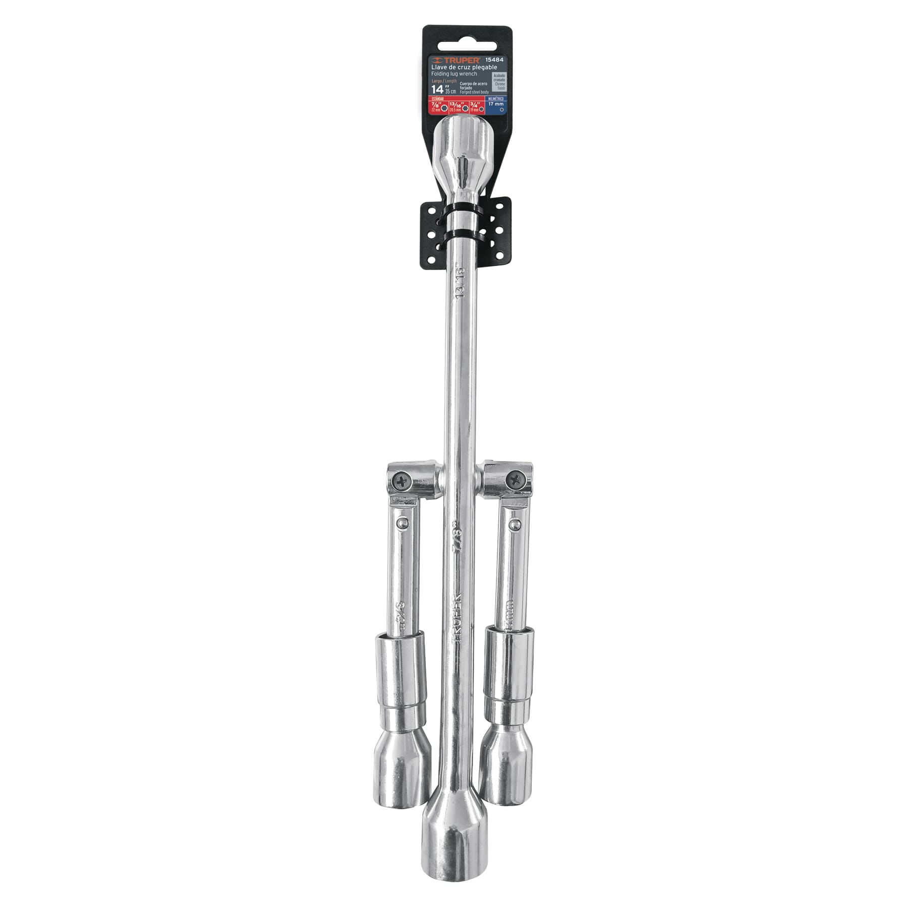 Cruceta plegable Truper 15484 en su empaque original con medidas de bocas 17 mm, 3/4, 13/16 y 7/8 pulgadas