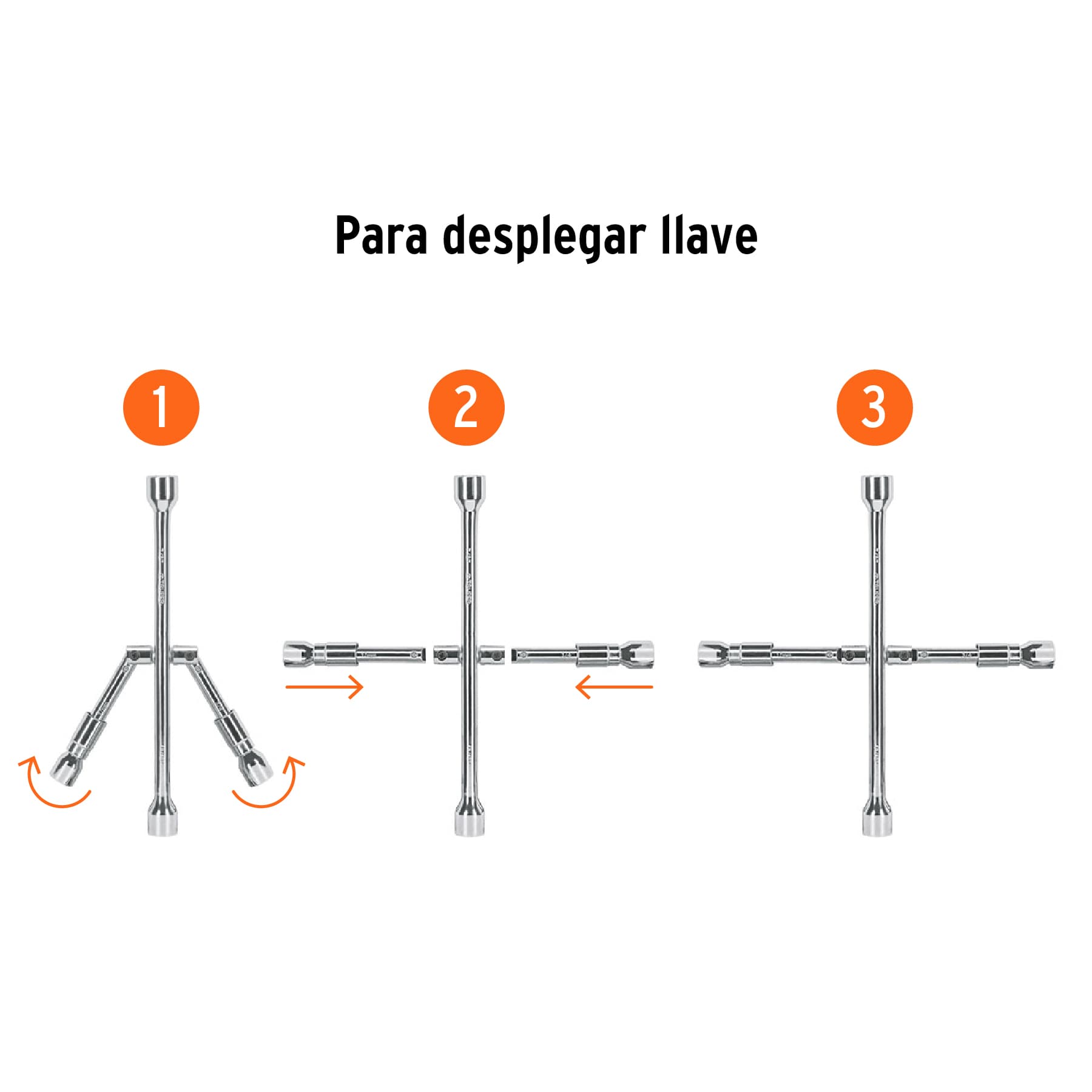 Pasos para desplegar la cruceta plegable Truper: girar los brazos laterales, encajarlos y dejar la llave en cruz