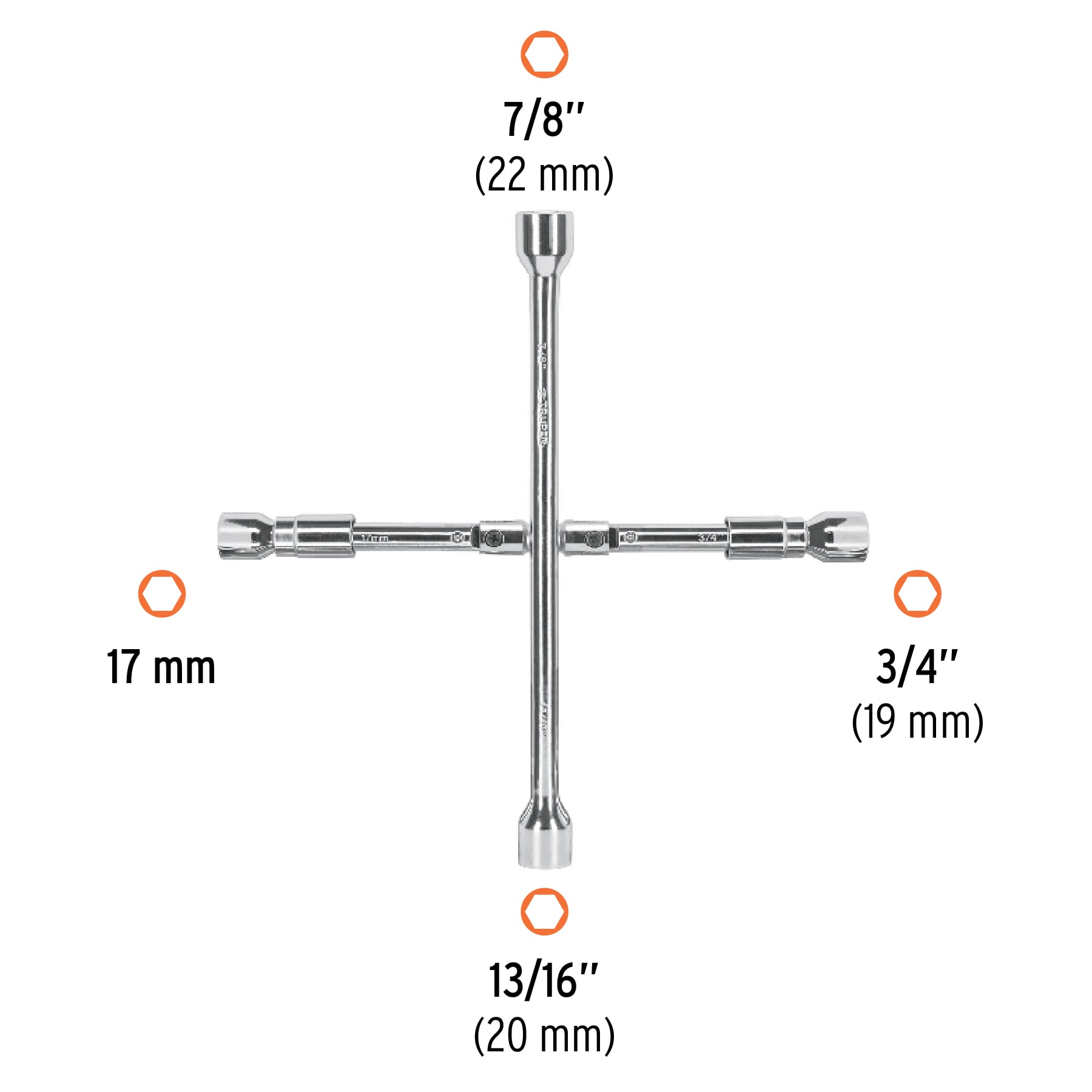 Medidas de la cruceta plegable Truper: bocas de 7/8 pulgada 22 mm, 13/16 pulgada 20 mm, 3/4 pulgada 19 mm y 17 mm