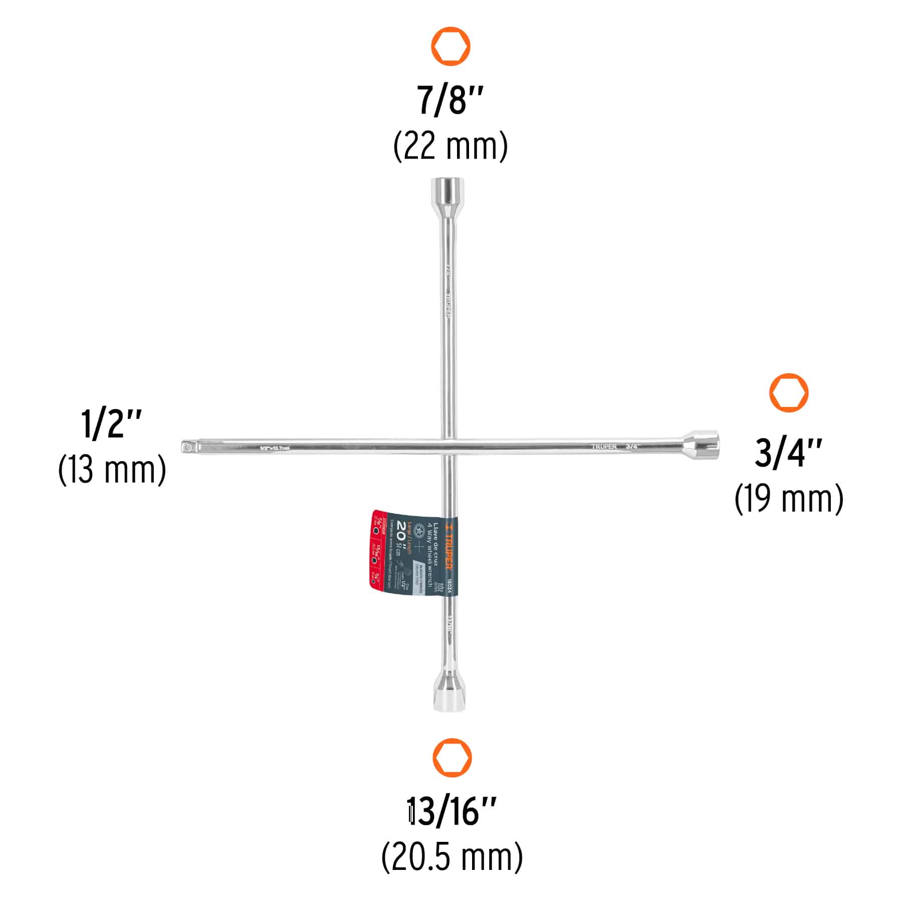 Medidas de la cruceta para carro Truper: bocas de 22 mm, 20.5 mm y 19 mm y cuadro de 1/2 pulgada en el cuarto brazo
